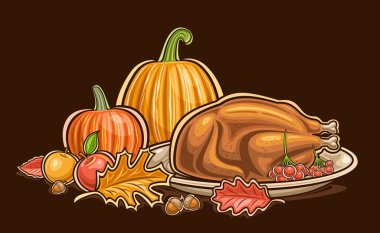 Vektör Şükran Günü Logosu, karikatür dizayn edilmiş yatay poster içinde Şükran Günü hindisi tepsisi ve turuncu balkabağı, siyah arkaplanda şükran günü için dekoratif pankart.