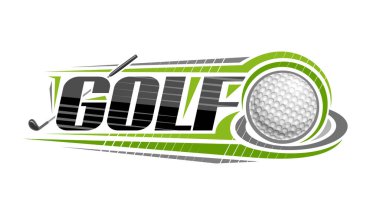 Golf Sport için vektör logosu, golf topuna vuruşun ana hatlarıyla çizilmiş dekoratif yatay pankart, beyaz arka planda yörüngede uçmak ve siyah kelime golf için eşsiz fırça harfleri.