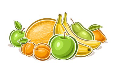 Vektör Meyve Logosu, yeşil yapraklı sulu meyve kompozisyonu ana hatlarıyla dekoratif yatay poster, beyaz arka planda çeşitli çiftçi meyveleri olan karikatür tasarımı meyve baskısı