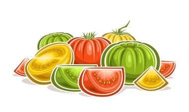 Renkli Domatesler için vektör logosu, karikatür tasarımı, olgun domates kompozisyonu, bütün ve doğranmış domateslerden oluşan dekoratif pankart, beyaz arkaplanda hala çok renkli domates yaşamı.