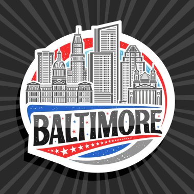 Baltimore için vektör logosu, Baltimore şehrinin gündüz arkaplanının çizgi çizimi, sanat tasarımı buzdolabı mıknatısı siyah metin Baltimore için eşsiz harflerle süslenmiş beyaz çember etiketi.