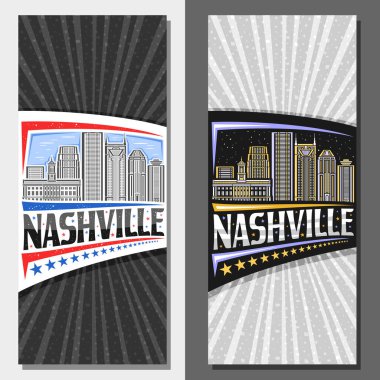 Vector vertical layouts for Nashville, decorative leaflet with line illustration of nashville city scape on day and dusk sky background, art design tourist card with unique letters for word nashville clipart