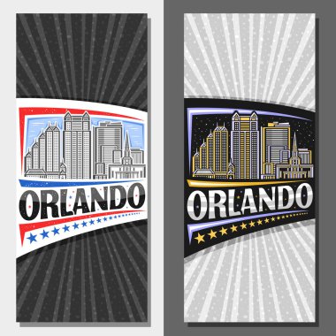 Orlando için vektör dikey düzenleri, ünlü Orlando şehrinin gündüz ve alacakaranlık gökyüzü arkaplanı çizelgesiyle dekoratif broşür, Orlando kelimesinin eşsiz harfleriyle sanat tasarımı turist kartı