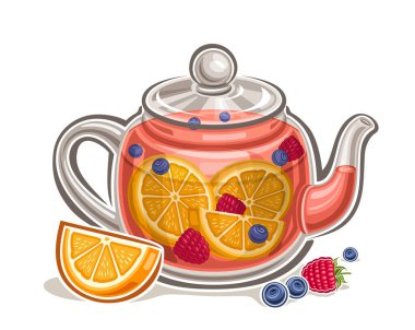 Fruit Tea için vektör logosu, portakal parçaları ve tam meyveli karikatür çay kompozisyonu ile yatay poster, pembe lezzetli meyve çayıyla dekoratif pankart beyaz arka planda hala hayat.