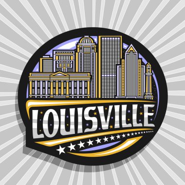 Louisville için vektör logosu, Louisville şehrinin gece gökyüzü arkaplanının çizgili resimleriyle süslenmiş siyah dekoratif etiket, Louisville için eşsiz harfleri olan sanat tasarımı buzdolabı mıknatısı.