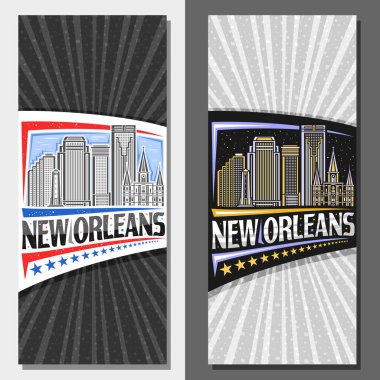 New Orleans için vektör dikey yerleşim planı, ABD 'nin şehir manzarasının bir gün ve alacakaranlık gökyüzü arkaplanının çizgili tasarım broşürü, New Orleans kelimeleriyle sanat tasarımı turist kartı