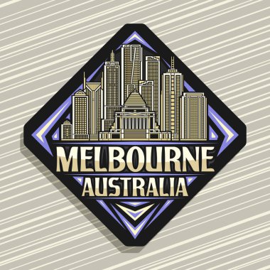 Melbourne için vektör logosu, ünlü Melbourne şehir manzarası çizgili siyah dekoratif rhomb yol tabelası, Melbourne, Avustralya için eşsiz harfleri olan sanat tasarımı buzdolabı mıknatısı.