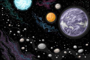 Vektör Fantezi Uzay Kartı, eksotik gezegenlerin çizimi ile yatay astronomik poster, uzayın derinliklerindeki sıcak mavi-beyaz yıldızın yörüngesinde dönen, yıldızlı arka plan ile dekoratif kozmo baskısı