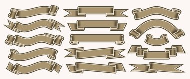 Vektör Kurdela Kümesi, izole resimlerin koleksiyonu, slogan için yatay taslak kurdeleler, kopya alanı olan 15 farklı kurdele grubu, beyaz arkaplanda dekoratif tasarım unsurları