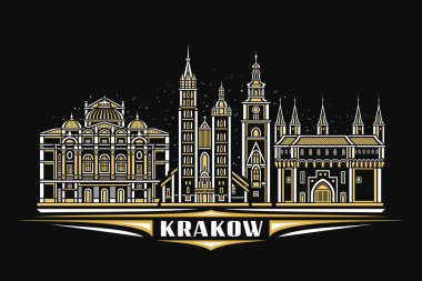 Krakow 'un vektör illüstrasyonu, doğrusal tasarımı olan karanlık yatay kart gece yıldızlı gökyüzü arkaplanı üzerinde ünlü Krakow şehri manzarası, Krakow metni için eşsiz harflerle Avrupa kentsel hat sanatı kavramı