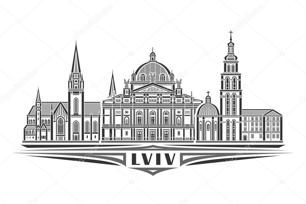 Vector illustration of Lviv, monochrome horizontal card with linear design famous lviv city scape, european urban line art concept with decorative lettering for black text lviv on white background