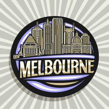 Melbourne için vektör logosu, Melbourne şehir manzarasının ana hatlarıyla çizilmiş gece gökyüzü arkaplanı, metin melbourne için eşsiz harflerle sanat tasarımı buzdolabı mıknatısı.