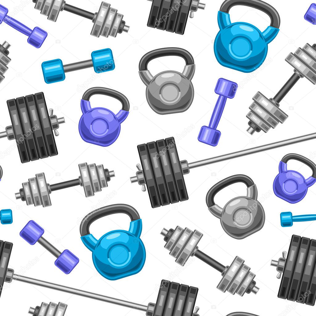 Vector Gym Seamless Pattern, decorative background with collection of illustrations flying gym dumbbells and fit kettlebells, square placard with set of flat lay colorful gym goods on white background