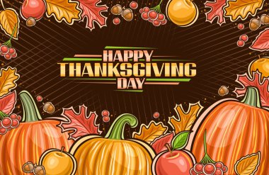 Fotokopi alanı, geleneksel karikatür tasarımı Şükran Günü kompozisyonu, turuncu kelimeli yatay pankart siyah arka planda mutlu şükran günü.