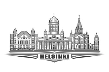Helsinki 'nin vektör illüstrasyonu, doğrusal tasarım Helsinki şehir manzaralı tek renkli yatay kart, beyaz arka planda siyah metin Helsinki için dekoratif harflerle Avrupa kentsel çizgi sanat kavramı
