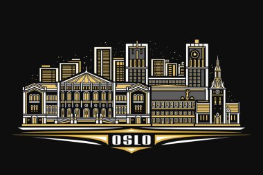 Oslo 'nun vektör illüstrasyonu, doğrusal tasarımı olan koyu renkli yatay kart gece yıldızlı gökyüzü arkaplanı Oslo şehri manzarası, Avrupa kentsel hat sanat konsepti ve metin oslo için benzersiz fırça harfleri.