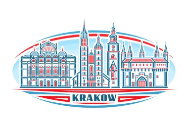 Krakow 'un vektör illüstrasyonu, doğrusal tasarımı olan yatay işaret gündüz gökyüzü arka planında ünlü tarihi Krakow şehri manzarası, Krakow metni için eşsiz fırça harfleriyle Avrupa kentsel çizgi sanat kavramı