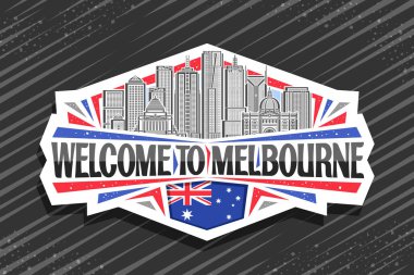 Melbourne için vektör logosu, Melbourne için dekoratif kesim kağıt rozeti. Melbourne şehrinin gökyüzü arka planının çizgili hali. Sanat tasarımı buzdolabı mıknatısı. Melbourne 'a hoş geldiniz.