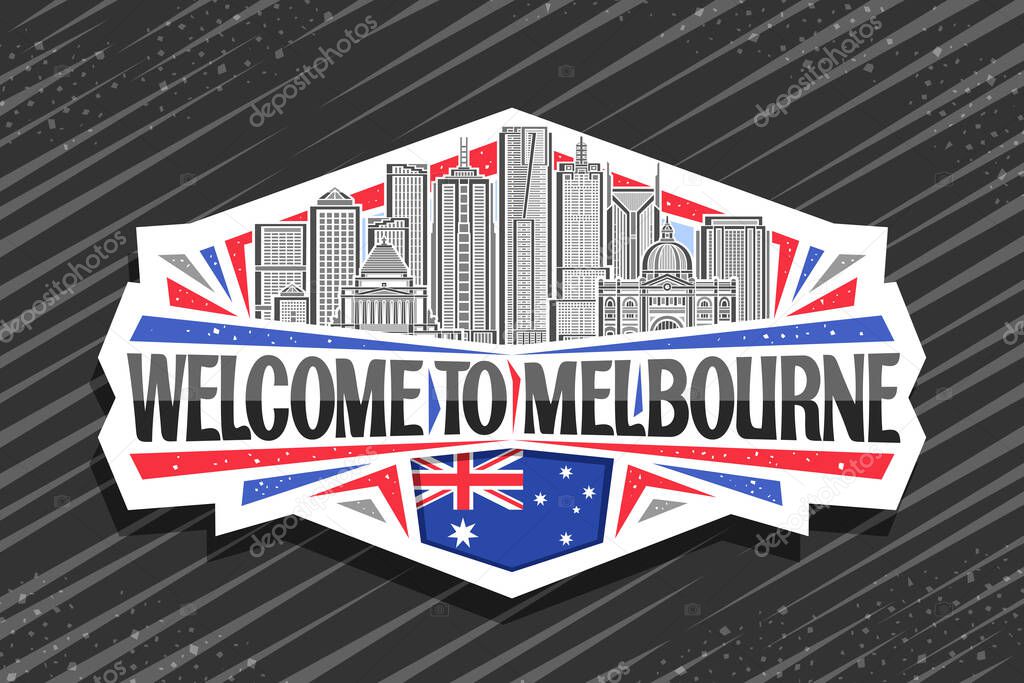 Vector logo for Melbourne, decorative cut paper badge with line illustration of urban melbourne city scape on day sky background, art design refrigerator magnet with black words welcome to melbourne
