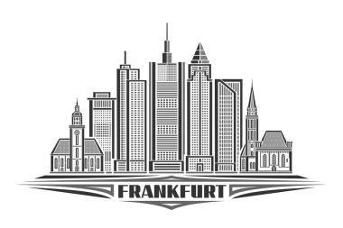 Frankfurt 'un vektör illüstrasyonu, doğrusal tasarım Frankfurt şehir manzaralı tek renkli yatay kart, beyaz arkaplanda siyah metin frankfurt için eşsiz harflere sahip Avrupa kentsel hat sanat konsepti