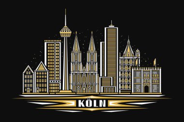 Koln 'un vektör illüstrasyonu, doğrusal tasarımı olan karanlık yatay kart gece gökyüzü arkaplanı üzerine ünlü tarihi Kol şehri manzarası, metin koln için eşsiz harflerle Avrupa kentsel çizgi sanat kavramı