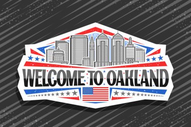 Oakland için vektör logosu, şehir panoramik Oakland şehrinin gökyüzü arkaplanının çizgili resmedilmiş beyaz dekoratif etiketi, Oakland 'a siyah kelimelerle gelen sanat tasarım buzdolabı mıknatısı.