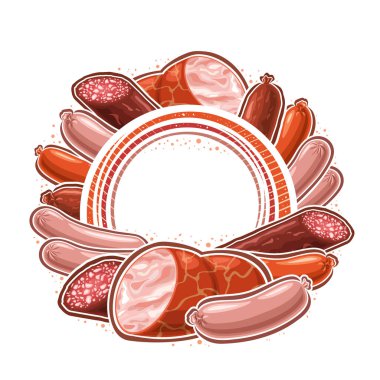 Reklam metni için boş kopya alanı olan Vektör Sosis Çerçevesi, pişmiş sosis kompozisyonu ile daire çerçevesi, beyaz arkaplanda ev yapımı çiğ sosisler grubuyla imza tahtası