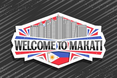 Makati için vektör logosu, şehir merkezindeki ünlü makati şehir manzarasının çizgili tasarımı ile süslü kağıt etiket gökyüzü arka planında, sanat tasarımı yatay buzdolabı mıknatısı, makati 'ye hoş geldiniz