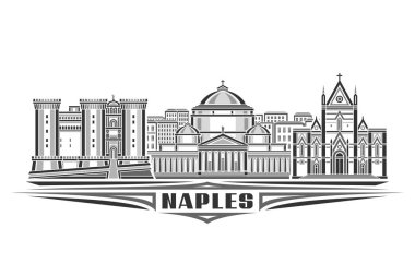 Napoli 'nin vektör illüstrasyonu, doğrusal tasarımı olan tek renkli yatay kart eski Napoli şehir manzarası, beyaz arkaplanda koyu renkli metin Napoli' leri için dekoratif harflerle Avrupa şehir çizgisi sanat konsepti