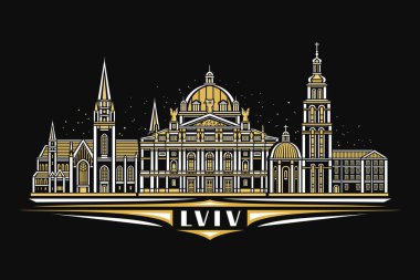 Lviv 'in vektör illüstrasyonu, doğrusal tasarımı olan koyu renkli yatay kart gece yıldızlı gökyüzü arkaplanı üzerinde ünlü lviv şehri manzarası, Avrupa kentsel çizgi sanat kavramı ve metin Lviv için eşsiz fırça harfleri.
