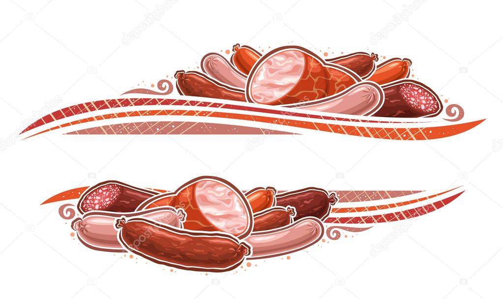 Vector Sausage Border with blank copy space for ad text, horizontal frame with boiled sausage composition with copyspace, vintage layout with group of illustration homemade diverse sausages on white