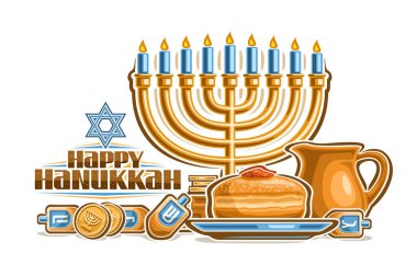 Hanuka için vektör tebrik kartı, Hanuka sembollerinin resimli yatay posteri - mum tutacağı, altın jetonlar ve tabakta sufganiyah, dini dilekler - beyaz arka planda mutlu hanukalar