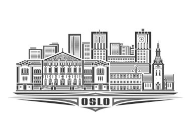 Oslo 'nun vektör illüstrasyonu, doğrusal tasarımı olan tek renkli yatay kart ünlü oslo şehir manzarası, Avrupa kentsel çizgi sanat konsepti beyaz arkaplandaki siyah metin oslo için dekoratif harflerle süslenmiş.