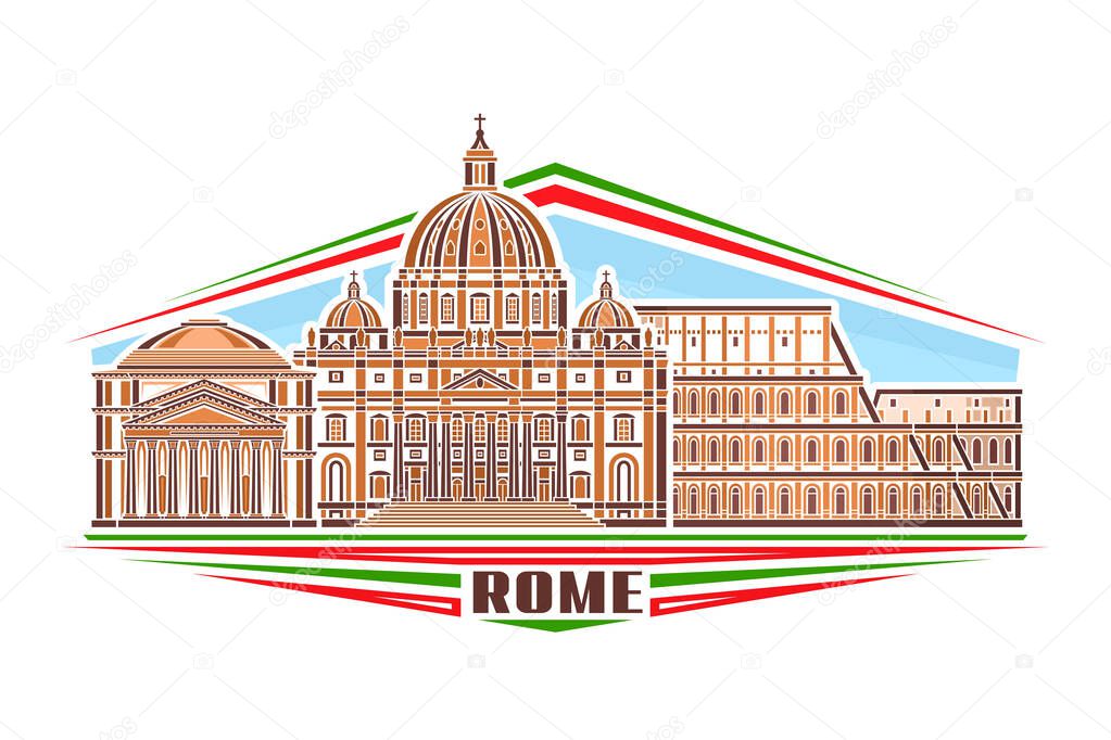 Vector illustration of Rome, horizontal sign with linear design famous heritage rome city scape on day sky background, european urban line art concept with unique brush lettering for brown text rome