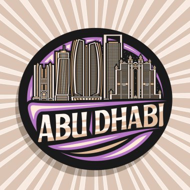 Vector logo for Abu Dhabi, dark decorative sign with simple illustration of contemporary city scape on nighttime sky background, art design refrigerator magnet with unique lettering for text abu dhabi