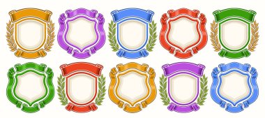 Vector Blazon Set, beyaz arkaplanda zeytin dalları olan slogan için çeşitli vintage blazon şablonları, boş kopya alanı ile 10 izole edilmiş ortaçağ blazon koleksiyonu
