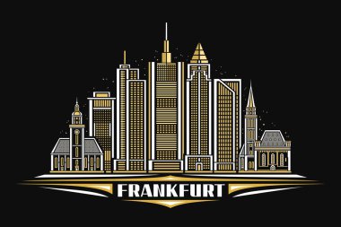 Frankfurt 'un vektör illüstrasyonu, doğrusal tasarımı olan karanlık yatay kart gece gökyüzü arka planında ünlü frankfurt şehir manzarası, Frankfurt metni için eşsiz harflerle Avrupa kentsel hat sanat kavramı