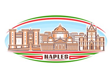 Napoli 'nin vektör illüstrasyonu, doğrusal tasarımı olan yatay oval tabela gökyüzü arka planında ünlü Napoli şehri manzarası, metin Napoli' si için eşsiz harflerle Avrupa şehir çizgisi sanat kavramı