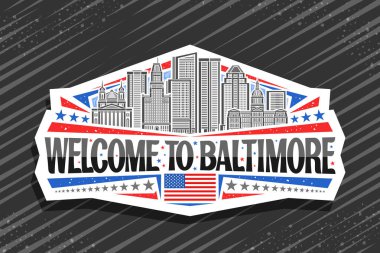Baltimore için vektör logosu, Baltimore için dekoratif kesim kağıt etiketi gökyüzü arka planında şehir manzarasının basit çizimi, sanat tasarımı buzdolabı mıknatısı siyah kelimelerle Baltimore 'a hoş geldiniz