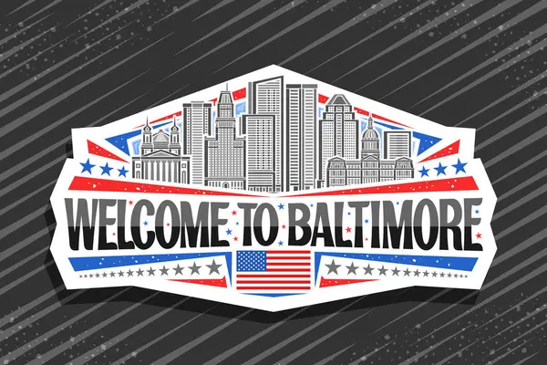Baltimore için vektör logosu, Baltimore için dekoratif kesim kağıt etiketi gökyüzü arka planında şehir manzarasının basit çizimi, sanat tasarımı buzdolabı mıknatısı siyah kelimelerle Baltimore 'a hoş geldiniz