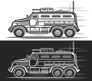 Vector Military Armored Vehicle, automotive horizontal banner with monochrome illustration of modern military concept car in moving, clipart of running military vehicle on black and white background clipart