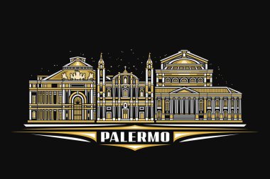 Palermo 'nun vektör illüstrasyonu, gece yıldızlı gökyüzü arkaplanı üzerinde doğrusal tasarım palermo şehir manzaralı karanlık yatay kart, metin palermosu için eşsiz harflerle Avrupa kentsel çizgi sanat kavramı