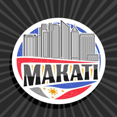 Makati için vektör logosu, beyaz dekoratif etiket, gökyüzü arka planında ünlü makati şehir manzarası çizimi, sanat tasarımı buzdolabı mıknatısı, siyah metin makati için eşsiz fırça harfleri.