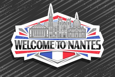 Nantes için vektör logosu, Nantes 'a hoş geldiniz siyah kelimeleriyle sanat tasarımı buzdolabı mıknatısı, gökyüzü arka planında ünlü panoramik Nantes şehir manzarasının çizgili tasviri ile dekoratif kağıt tabela