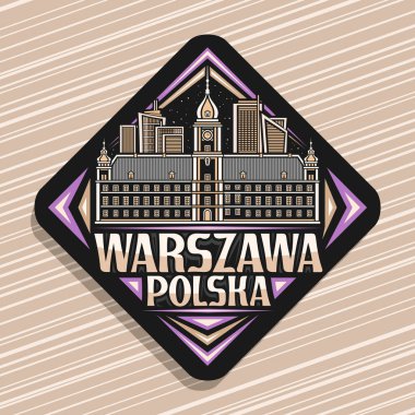 Warszawa için vektör logosu, karanlık eşkenar dörtgen yol işareti, akşam gökyüzü arka planında aydınlatılmış Avrupa warszawa şehir manzarası çizgisi, metin warszawa polska ile dekoratif buzdolabı mıknatısı