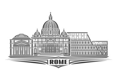 Roma 'nın vektör illüstrasyonu, doğrusal tasarımı olan tek renkli yatay kart ünlü Roma şehri manzarası, beyaz arkaplanda koyu renkli metin roması için dekoratif harflerle dekoratif şehir çizgisi sanat konsepti