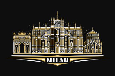 Vector illustration of Milan, dark horizontal card with linear design famous milan city scape on nighttime starry sky background, european urban line art concept with unique lettering for text milan clipart