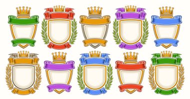 Vektör Royal Crest Set, kopyalama alanı olan 10 izole edilmiş kraliyet arması koleksiyonu, beyaz arkaplan üzerinde altın taç bulunan slogan için farklı geçmişe dönük aile arması dizileri