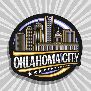 Oklahoma City için vektör logosu, Oklahoma şehrinin gece gökyüzü arkaplanının basit bir illüstrasyonuyla siyah dekoratif etiketi, Oklahoma City için eşsiz harflerle sanat tasarımı buzdolabı mıknatısı.