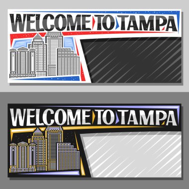 Tampa için fotokopi alanı olan vektör düzeni, Tampa için dekoratif bilet, Tampa 'ya hoş geldiniz yazılı sanat tasarımı turist kartı, Tampa' ya hoş geldiniz diyen şehir tampa Körfezi manzarası ve alaca karanlık gökyüzü arkaplanı.